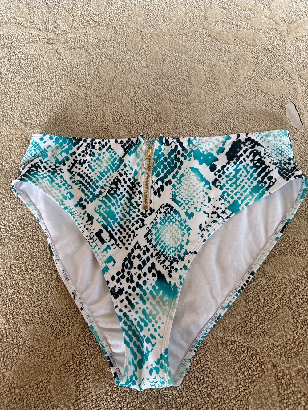 Women's Teal Snake-Print High-Waist Swim Bottom with Gold Zip